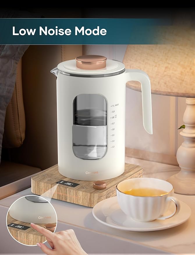 INTASTING Electric Tea Kettle, Electric Kettle with Tea Infuser, ±1℉ Knob Temperature Control, BPA-Free Glass, 1200W Fast Heating, Easy to Clean, 1 Liter (Cream White)