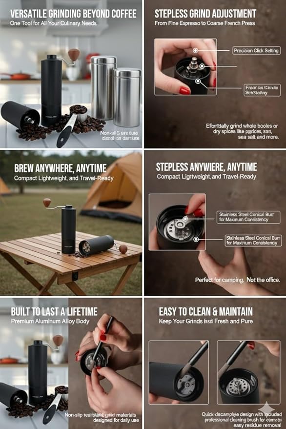 Manual Coffee Grinder - Adjustable Setting for French Press/Espresso Adjustable Setting for French Press/Espresso - (Storing tin + cleaning brush + measuring scoop)