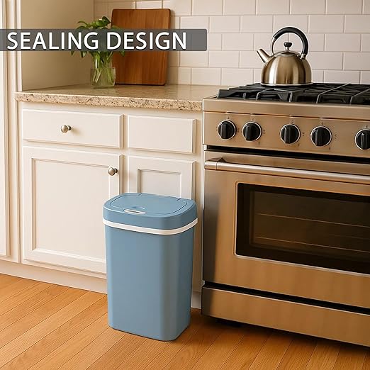 Touchless Motion Sensor Trash Can with Sealing Lid Automatic Soft Close Silent Bathroom Kitchen Office Waste Bin Narrow Rectangular ABS Hands Free Smart Home Garbage Container (Blue)