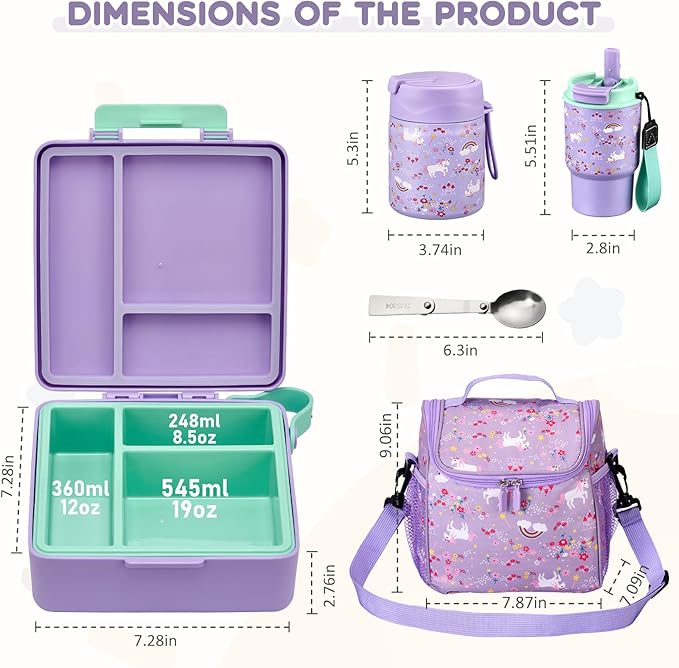Pawtong Lunch Box Set with Bento Box Container, 17OZ Stainless Steel Food Soup Thermo, Kids Water Bottle & Portable Insulated Lunch Bag, Leakproof, Hot/Cold Retention for School, Travel (Purple-Horse)