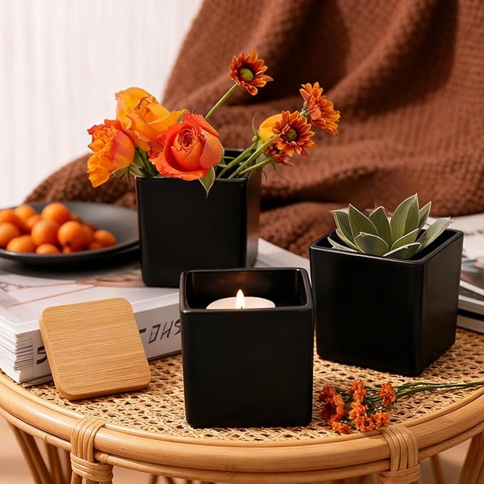 CONNOO 12 Pack 9 OZ Matte Black Square Candle Jars for Making Candles, Thick Glass Bulk Empty Candle Containers with Airtight Bamboo Lids for Candle Making, Sticky Warning Labels - Dishwasher Safe