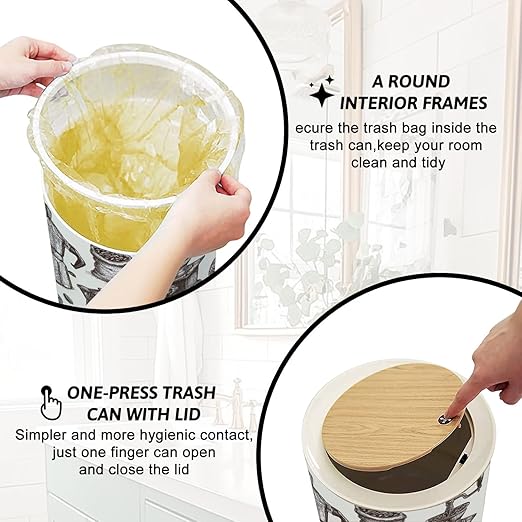 Trash Can with Lid Vintage Coffee Brewing Utensils Hand Drawn Style Press Top Round Small Garbage Bin with Wooden Legs Waste Basket for Kitchen Bedroom Nursery 7L/1.8 Gallon