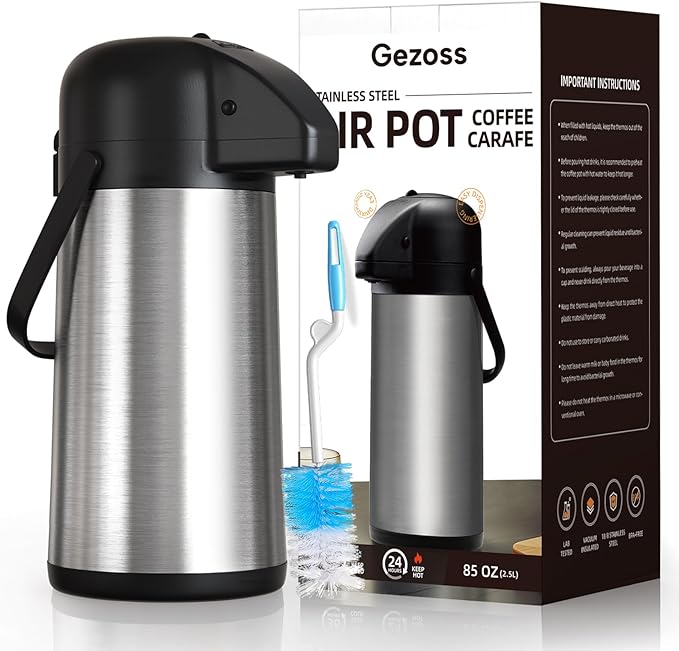 Coffee Carafe for Keeping Hot - Gezoss 85OZ / 2.5L Airpot Coffee Dispenser with Pump - Large Coffee Carafe for Hot Drinks Tea Liquid - Insulated Stainless Steel Hot Water Beverage Urn for Parties