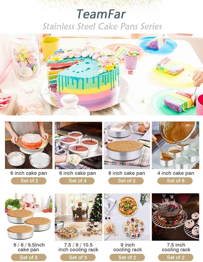 TeamFar Cake Pan, 4’’ - 6’’ - 8’’ - 9½’’ - 11’’, Stainless Steel Round Baking Tier Smash Cake Pans Set, Healthy & Heavy Duty, Mirror Finish & Dishwasher Safe - Set of 5