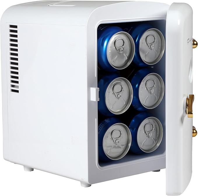 Frigidaire Retro Mini Personal Fridge Cooler, Holds up to 9 Cans, Portable for Car, Office, Bedroom, Dorm Room, or Cabin, Includes 110V AC and 12V DC cords - White Gold (Special Edition Color)