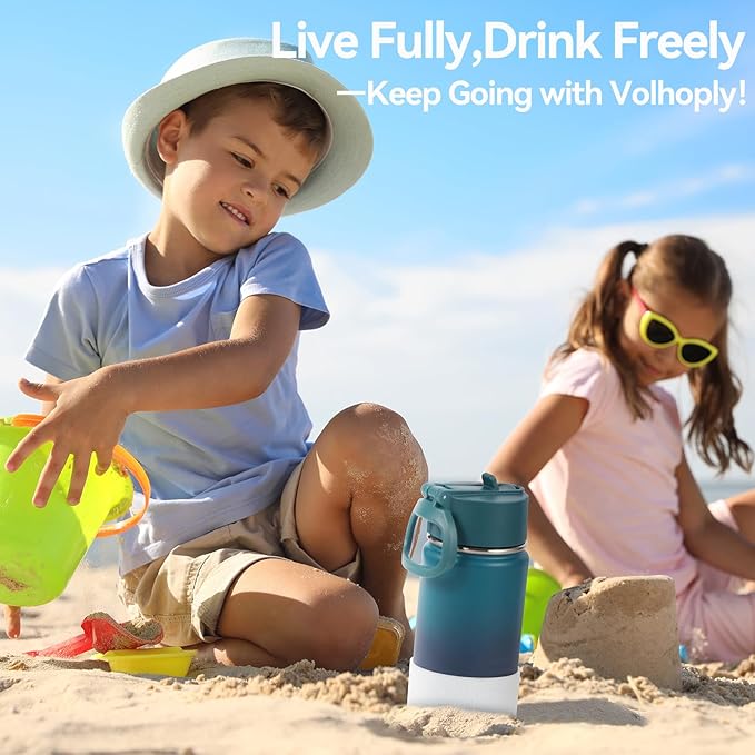 Volhoply 14oz KIds Water Bottle with Straw Lid and Silicone Boot Bulk 2 Pack,Stainless Steel Insulated Bottles for Boys & Girls Multipack,Double Wall Vacuum Leakproof Bottles(Dark Night,2)
