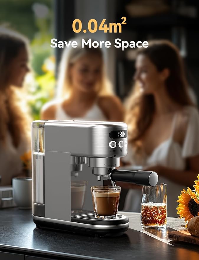 Neretva Espresso Machine 20 Bar, Super Compact Espresso Maker Stainless Steel Professional Coffee Machine Espresso with Power Steam & LED Display for Home Barista Latte and Cappuccino Maker-Silver