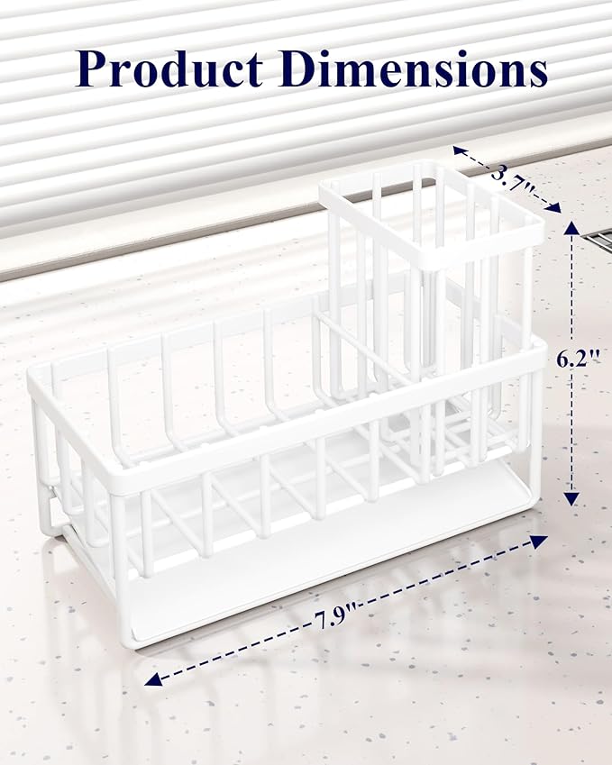 Kitsure Sponge Holder for Kitchen Sink - Rustproof Stainless Steel Sink Caddy Organization and Storage Essentials with High Brush Holder, Home Decor Accessories, 7.9" x 3.7" x 6.2", White