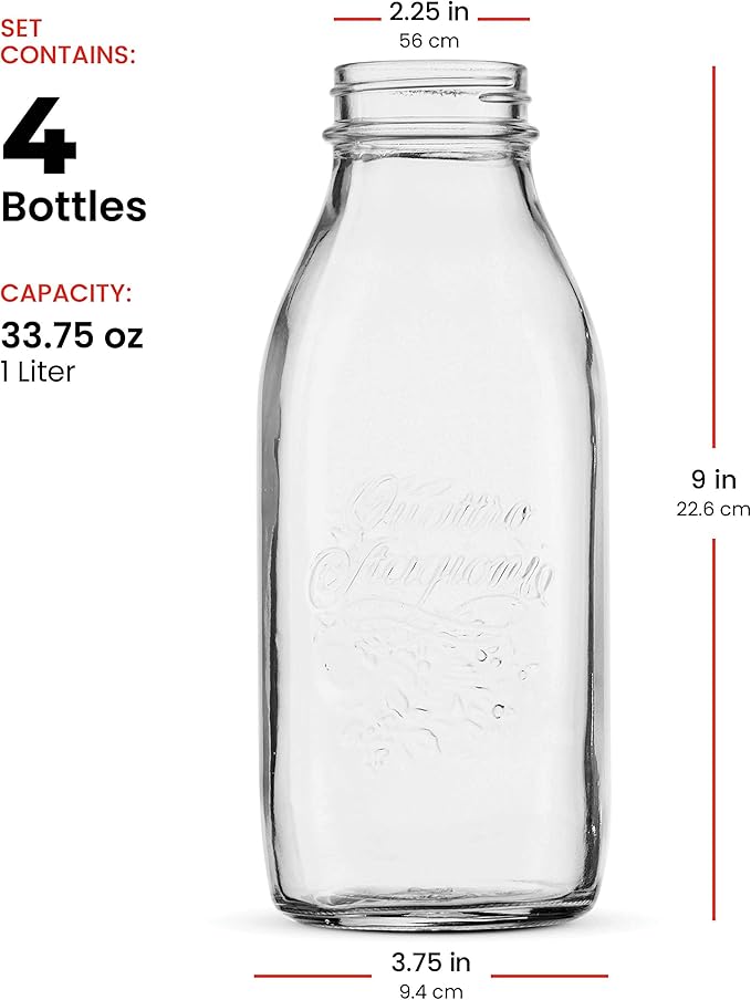 Bormioli Rocco Quattro Stagioni Glass Milk Bottle 33.75 Ounce/1 Liter with Airtight Lid, Great For Kombucha Brewing Bottle, Beer, Homemade Juicing, Smoothies, Beverages, Durable Construction. (4 Pack)