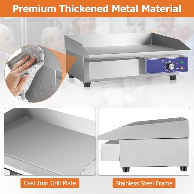 Happygrill 22" Commercial Electric Griddle, Stainless Steel Flat Top Grill w/Adjustable Temperature Control 122℉-572℉, Complete Accessories, 2000 W Electric Countertop Griddle for Kitchen Restaurant