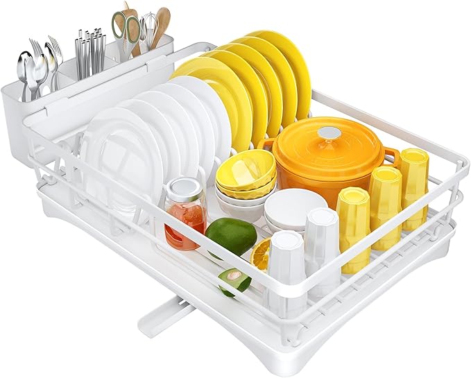 SNTD Dish Drying Rack for Kitchen Counter - Large Dish Rack with Drainboard, Rustproof Dish Drainer with Utensil Holder for Sink, White