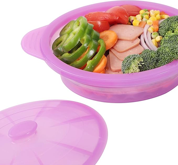 Microwave Steamer Cooker Collapsible Bowl-Silicone Steamer Cookware with Handle Lid for Vegetables Fish Prep Meal Food with Removable Rack BPA Free, Easy to Store, Freezer & Dishwasher Safe, Purple