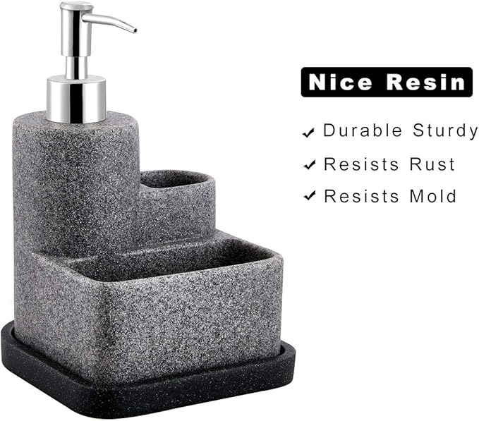 ZCCZ Black Soap Dispenser with Sponge Holder, Kitchen Soap Dispenser Pump, Sponge Caddy and Brush Holder 3 in 1 Set Organizer for Sink Countertop, Removable Tray, Marble Look (Brush NOT Included)