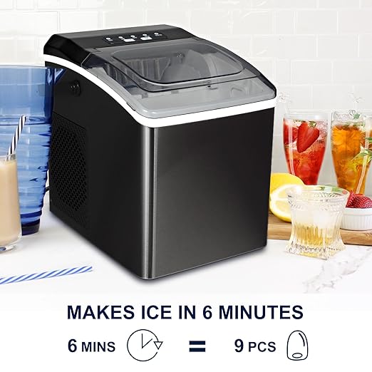 Koolatron Ice Makers Countertop Portable Ice Machine 2 Sizes Bullet Ice Cubes Ready in 6 Mins 26.5lbs/Day with Ice Scoop and Basket Digital Controls LED Indicators for Parties/Home/Office/Bar, Black
