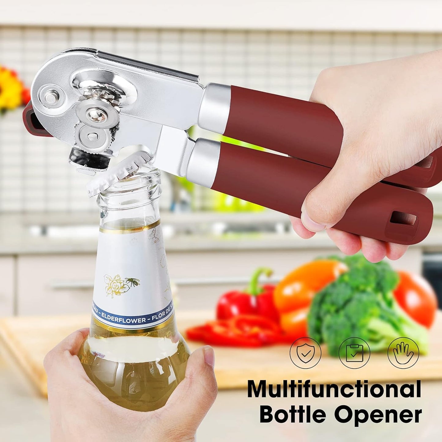 Beneno Can Opener Manual with Magnet, Hand Held Heavy Duty Can Opener with Durable Sharp Blade Smooth Edge, Big Effort-Saving Knob, Soft Grip Rubber Handle, Multifunctional Bottle Opener, Red