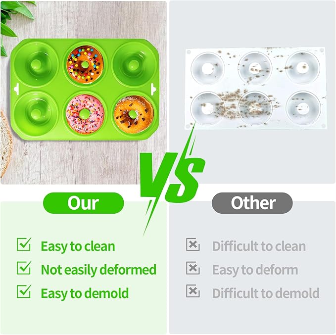 2PCS Silicone Donut Mold, 6 Holes BPA Free Donut Pan Baking Mold, Donut Pan for Baking Heat Resistant Doughnut Baking Pan Non-Stick Food Grade Silicone Doughnut Pan Set (Green)