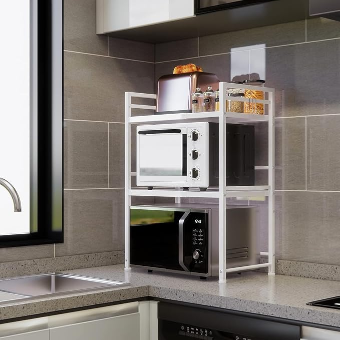 DOLALIKE Microwave Oven Rack, Expandable Microwave Stand Kitchen Countertop Organizer Utensils Storage, Carbon Steel Over Microwave Shelf with 3 Hooks (White, 3 Tier)
