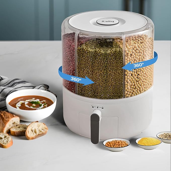 16lb Grain and Rice Storage Container, 6 Grid Rotating Dispenser, Airtight Rice Storage