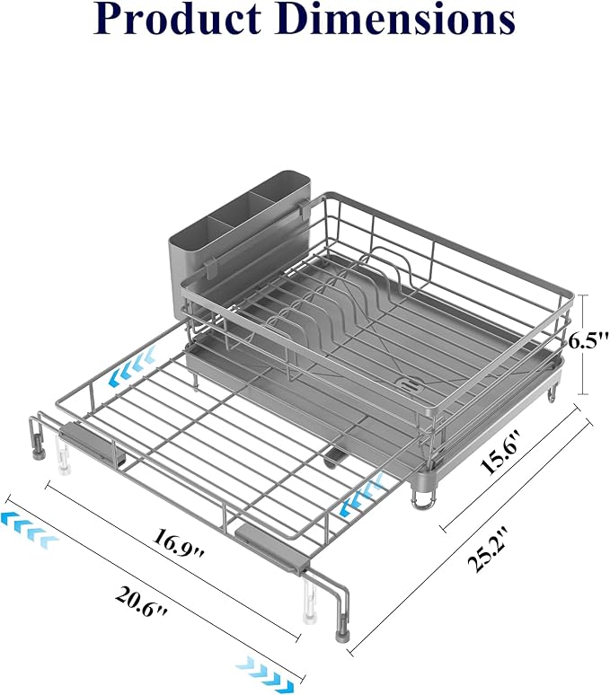 Kitsure Extendable Dish Drying Rack - Rust-Resistant Dish Racks for Kitchen Counter with Adjustable Support Legs, Cutlery Holder & Removable Draining Tray (Grey, 15.6''-25.2''L × 16.9''W × 8.1''H)