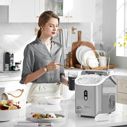 AGLUCKY Nugget Ice Makers Countertop,Portable Pebble Ice Maker Machine with Chewable Ice,One-Click Operation,Self-Cleaning for Home/Office(Grey)