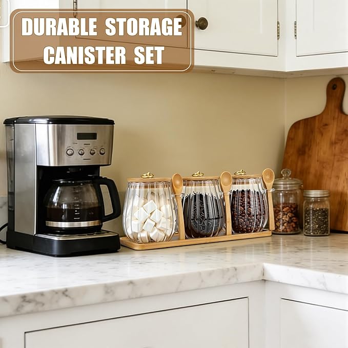 Suclain 3 Pcs Glass Coffee Container with Wooden Lid Spoon Shelf Labels Airtight Sugar Canister Set with Metal Handle Clear Jar Food Storage for Spice Coffee Bean Powder Housewarming Gift(Oval)