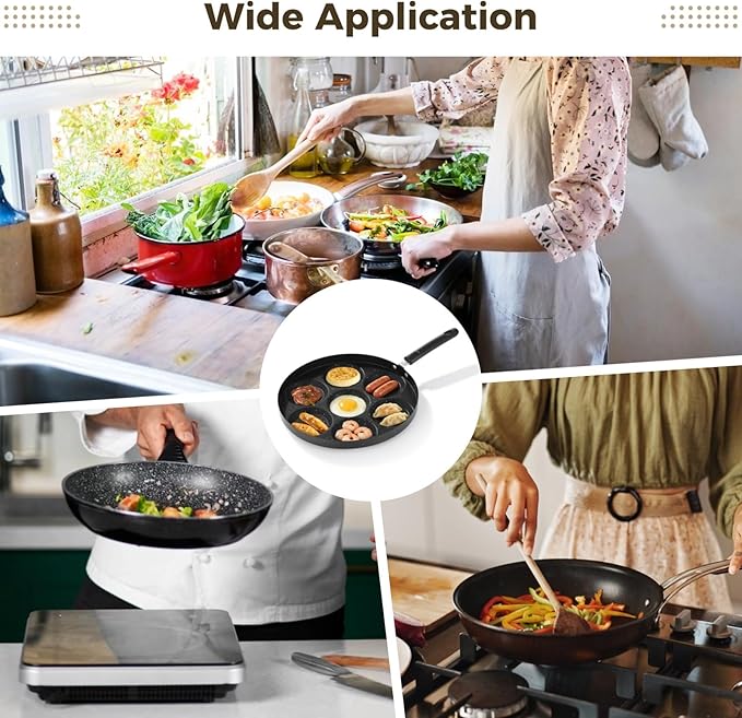 Egg Frying Pan with Anti-scalding Handle, Black Metal Nonstick Maifan Stone Coating Breakfast Frying Pan, Versatile Cooking Tool for Induction Cooker, Gas Stoves (7-Slot Egg Frying Pan)