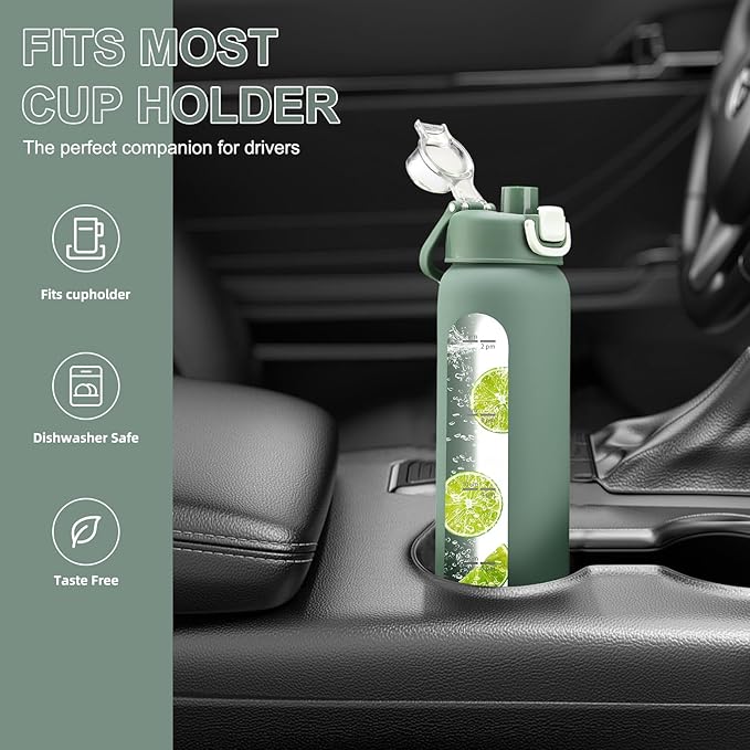 chunmo 32 oz Glass Water Bottles with 2 Lids-Handle Spout Lid & Straw Lid, 1 Liter Motivational Borosilicate Water Bottle with Time Marker and Silicone Sleeve,Leakproof-Olive-1 Pack