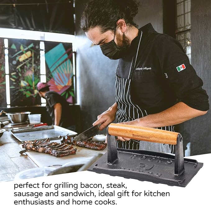 Cast Iron Square Burger Press with Wooden Handle - 8x4 Inch Heavy Duty Patty Maker for Perfectly Shaped Burgers, Steak Patties, and More
