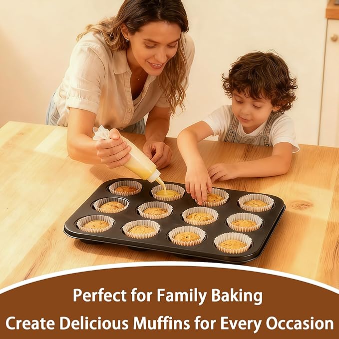 2 Pack Muffin Pans for Baking, Large Muffin Pan 12 Cup, Premium Steel with Nonstick Coating, Easy to Clean, Durable Bakeware for Even Baking, Perfect for Muffins and Cupcake, Black