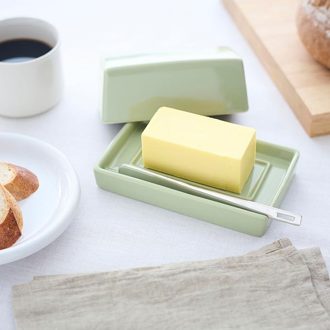 ZERO JAPAN Compact Butter Dish for Countertop, Fits West Coast Butter Sticks (Stubby Size), Ceramic Butter Keeper with Lid, Space-Saving Design, Made in Japan, Artichoke
