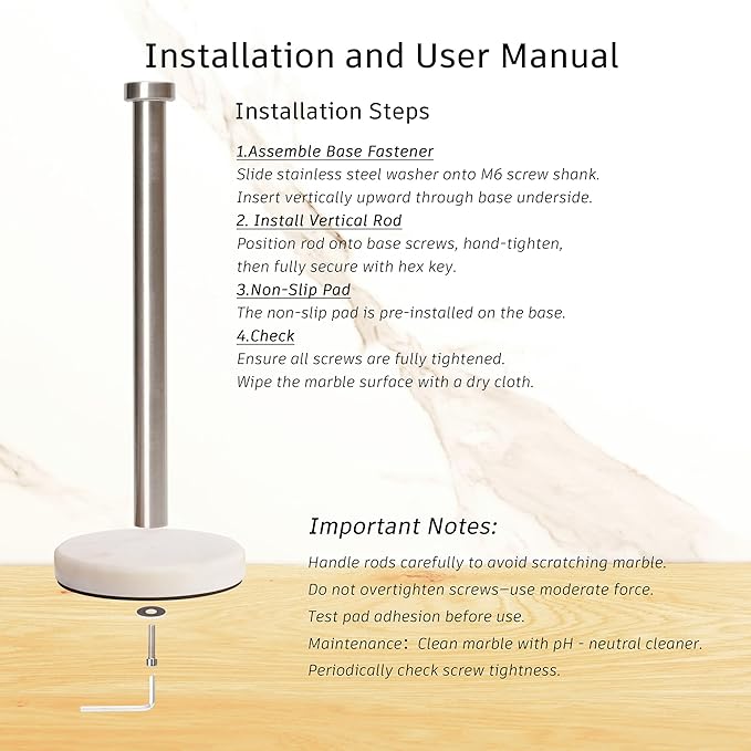 Paper Towel Holder Countertop, Heavy Weighted Marble Base Paper Towels Holder for Kitchen Counter, Modern Standing Papertowel Roll Holders(Brushed Nickel Stainless Steel Bar, White Natural Marble)
