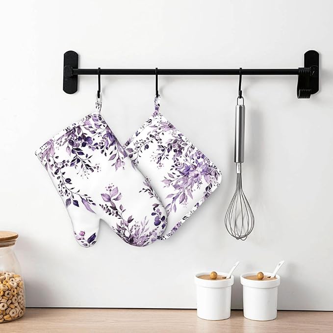 Purple Eucalyptus Oven Mitts and Pot Holders Set, 4pcs Silicone Watercolor Plant Leaves with Floral Oven Glove for Kitchen Heat Resistant Oven Mitts and Potholders Non-Slip for Cooking