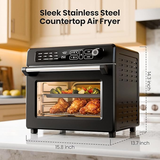 Kismile 25QT Air Fryer Toaster Oven Combo, 12-in-1 Large Countertop Convection Airfryer Oven, 70–450℉, Bake, Roast, Reheat, Broil, Fits 12″ Pizza, Includes Full Accessories, Stainless Steel(Black)