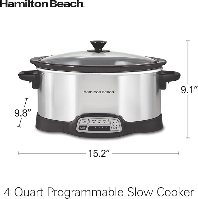 Hamilton Beach 4 Quart Programmable Slow Cooker with Flexible Easy Programming, 5 Cooking Times, Dishwasher-Safe Crock & Lid, Silver (33443)