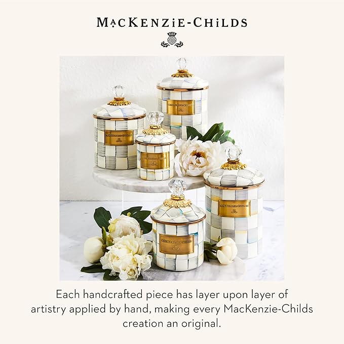 MACKENZIE-CHILDS Small Enamel Canister, Kitchen Storage Container for Flour and Sugar, 1.13 Liters, Grey-and-White Sterling Check