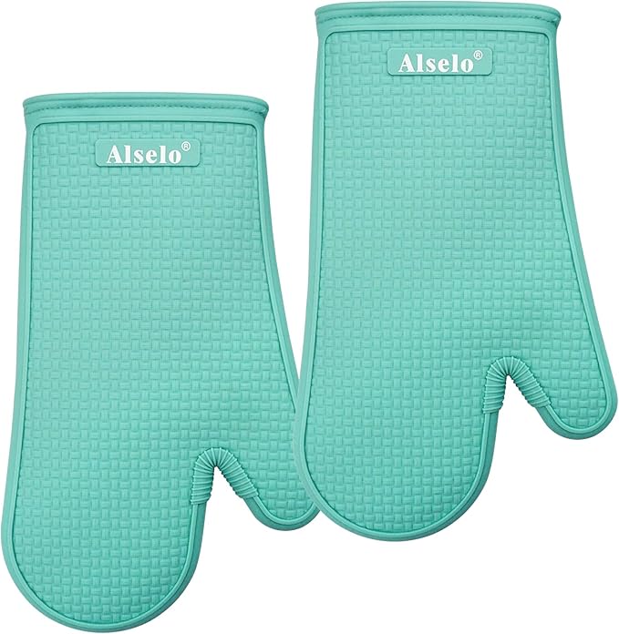 Alselo Oven Mitts Heat Resistant Silicone Kitchen Gloves for 550 Degrees with Waterproof and Non-Silp, Set of 2 Oven Gloves for Baking Cooking Barbecue Microwave Machine Washable (Blue, 2)