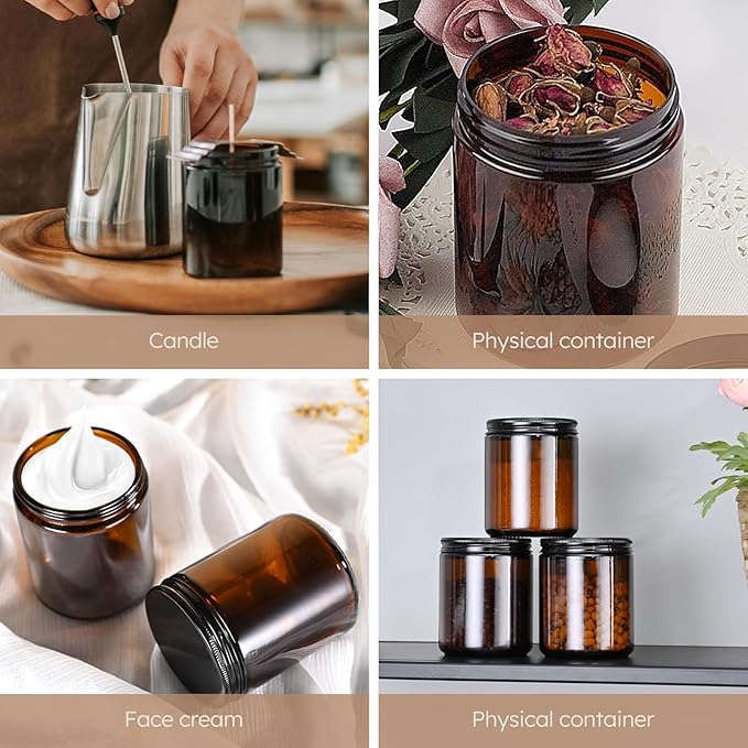 Tecohouse 8oz Glass Jars with Lids, 30 Pcs Amber Candle Jars for Making Candles with White Labels & Inner Liners, Empty Airtight Round Cosmetic Containers for Cream, Spice, Lotion, Ointments, Liquid