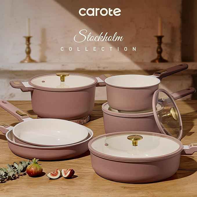 CAROTE Ceramic Cookware Set, Pots and Pans Set Non stick, 16-Piece Induction Cookware, Non toxic Healthy Non Stick Kitchen Cooking Set, with Frying Pans Set,Large Capacity Soup Pot