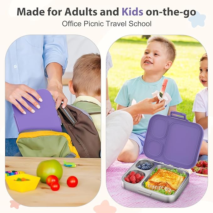 Howeemo Stainless Steel Bento Box Kids, Leak Proof Metal Bento Lunch Box,3 Compartments 304 Stainless Steel Bento Lunch Containers for School and Office,BPA-Free(Purple)