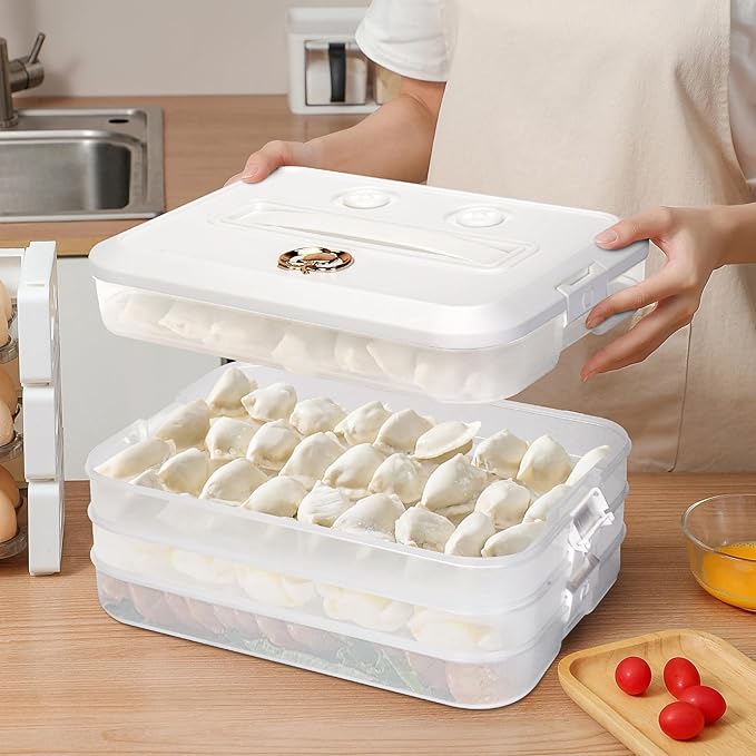 Food Storage Containers with Lids, Plastic Cookie Storage Containers Airtight, 4-Layer Stackable Food Containers Dumpling Storage Box, White