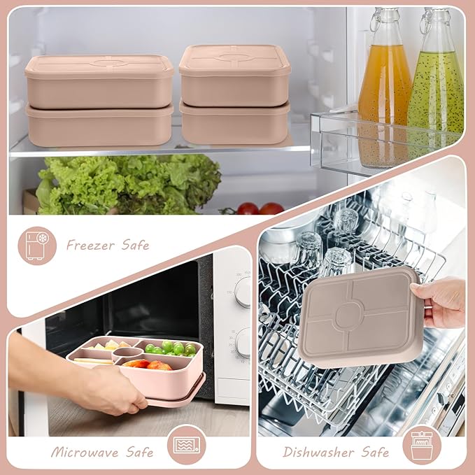 Jingmore 4 Pack Silicone Bento Boxes for Adults, 5 Compartment Reusable Lunch Containers with Sauce Section, Leakproof Meal Prep Snack Box Microwave & Dishwasher Safe for Office(Light Color)