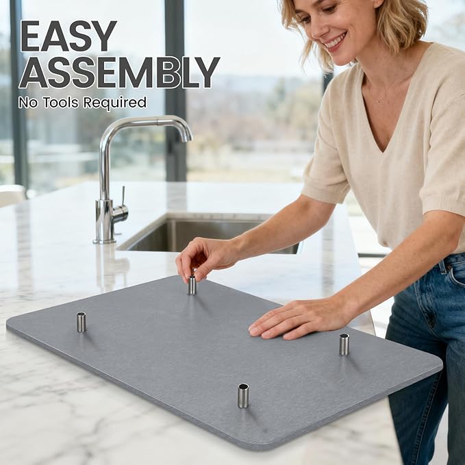 Large Stone Dish Drying Mats for Kitchen Counter,20"(L)×16"(W) Diatomaceous Earth Stone Mat With 4pc silver metal feet,Super Absorbent Fast Drying,Non-Slip Multi-purpose Kitchen Mat