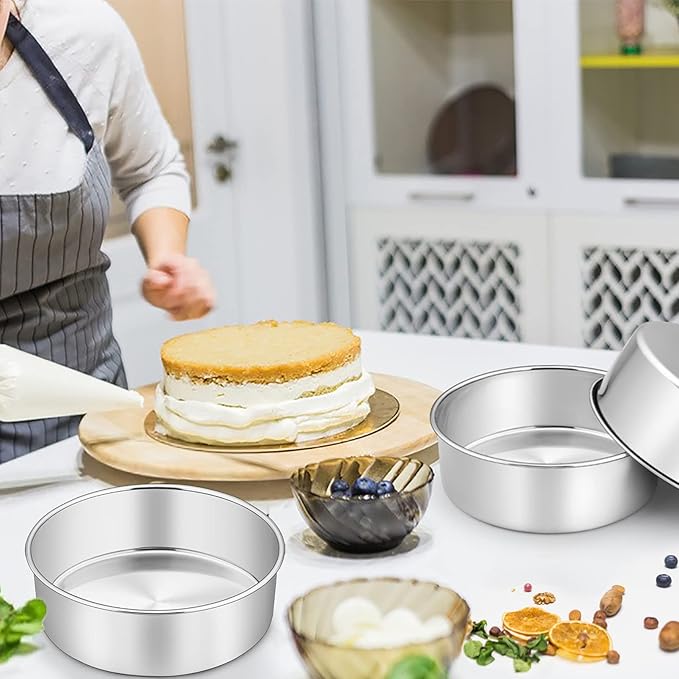 P&P CHEF 8 Inch Cake Pans Set, Round Baking Pan Stainless Steel Layer Birthday Wedding Cake Oven Pans, Non Toxic & Heavy Duty, Deep Side & Mirror Finish, Dishwasher Safe, (4Pcs)