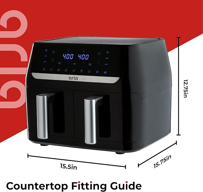 Aria 10Qt Dual Basket Air Fryer, Double 5Qt Basket Efficiency, Smart Sync Cooking, 8 Versatile Presets, Intuitive Touch Controls, and Dishwasher-Safe Baskets