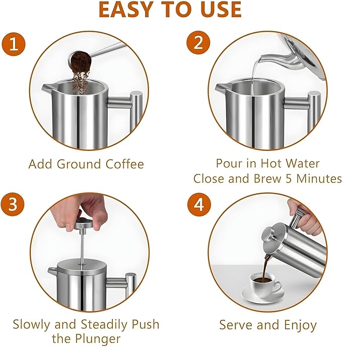 Small French Press Stainless Steel Coffee Maker 21oz(3 Cups), Double Wall Insulated for Hot& Cold Brew, Compact Coffee& Tea Press for Camping, Office, Travel with 3 Ultra-Fine Filters & Spoon- Silver