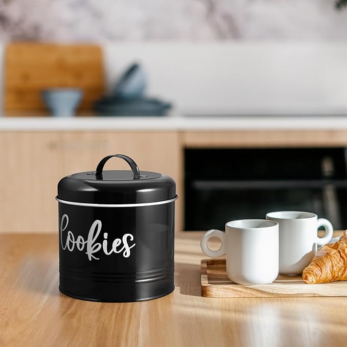 DAYYET Farmhouse Cookie Jar for Kitchen Counter, 1 Gallon Vintage Cookie Jar with Airtight Lid, Large Food Storage Container for Candy, Cookies, Dessert, Black Kitchen Decor and Accessories