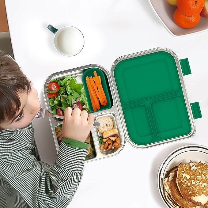 BOSEDSANG Stainless Steel Kids Leak-Resistant Bento Lunch Box, 3-Compartments with Silicone Container, Dishwasher-Safe, Child-Friendly Design for School, Picnics & Travel,BPA-Free (Green)