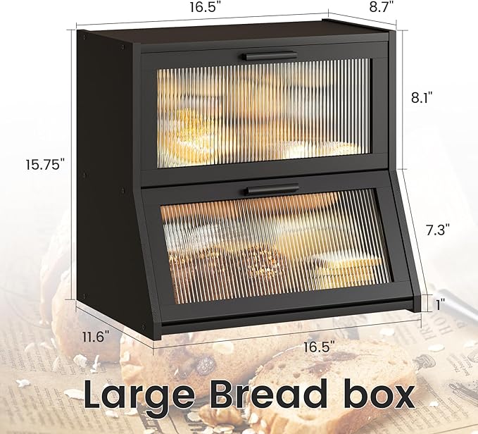 GHWIE Double Layer Bamboo Bread Box for Kitchen Counter,Large Capacity Storage Bin with Acrylic Wavy Door Panel (Black, Extra Large)