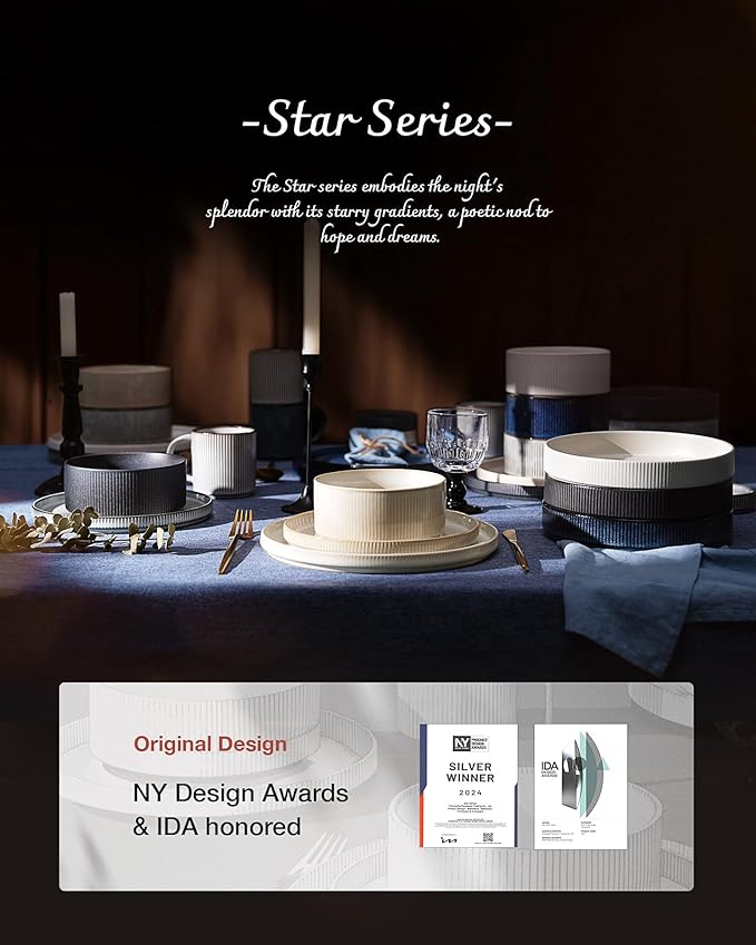 famiware Star 8.25" Pasta Bowls, Large Dinner Bowls Set of 6, Salad Bowl Plates, Shallow Bowls for Eating, Light Gray