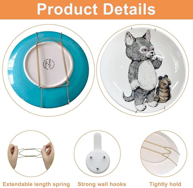 Plate Hangers for The Wall - Stainless Steel Invisible Heavy Duty Wire Plate Holder for 6-8 Inch Decorative Plates, Art Plates & Ceramic Plates with Wall Hooks